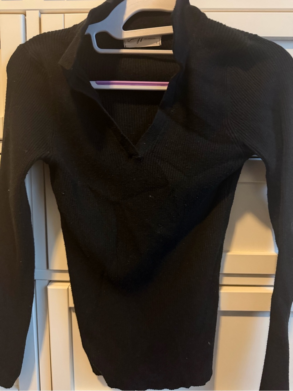 Carly Jean Los Angeles Black Ribbed V-Neck Collared Sweater